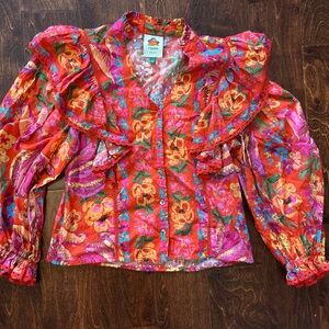 FARM Rio Red Floral Ruffled Puff-Sleeve Blouse